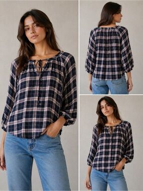 LOFT Navy and Pink Plaid Tie-Neck Peasant Top